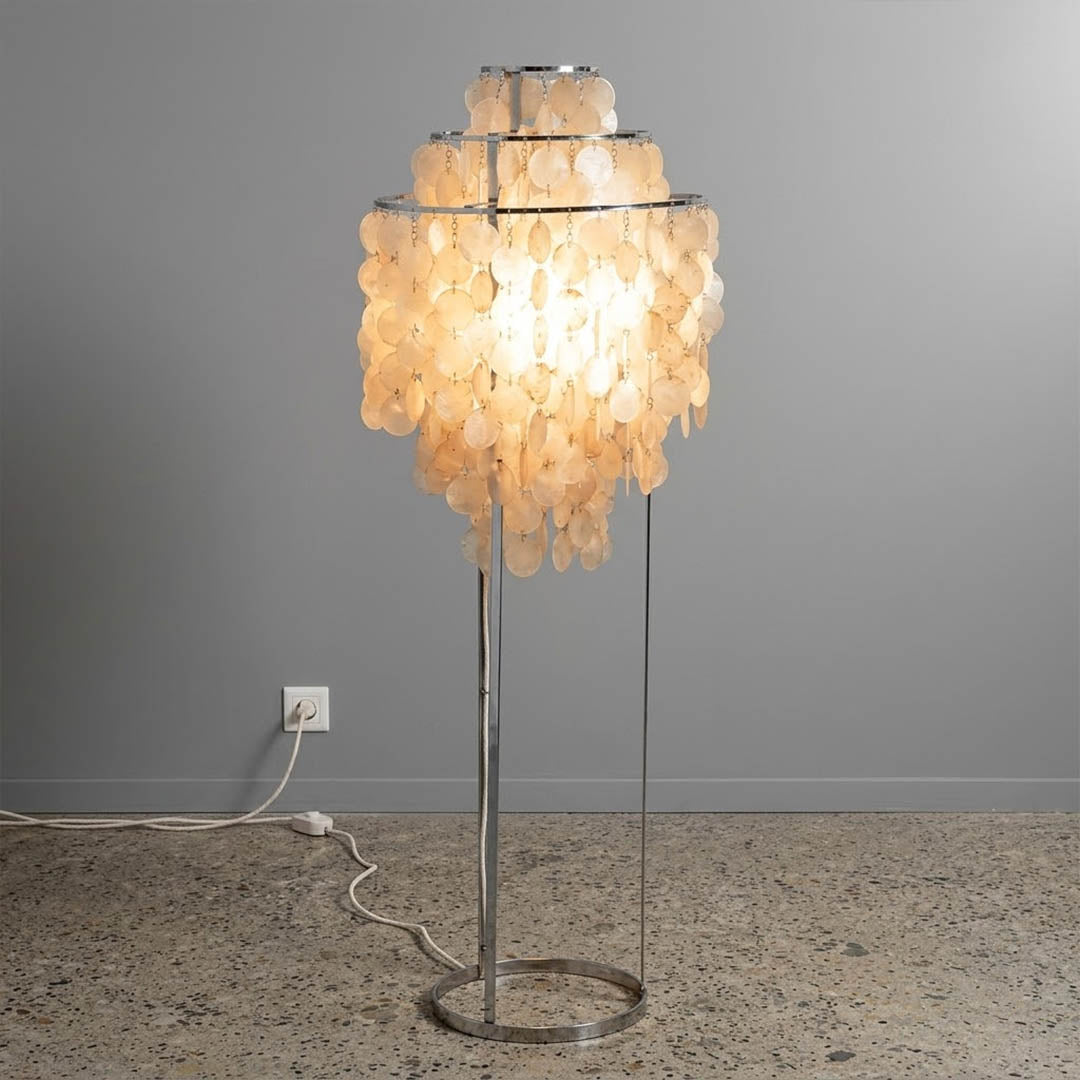 Marina Gold Capiz shell floor lamp beach house living room corner Coastal Hampton white wood interior warm glow natural lifestyle