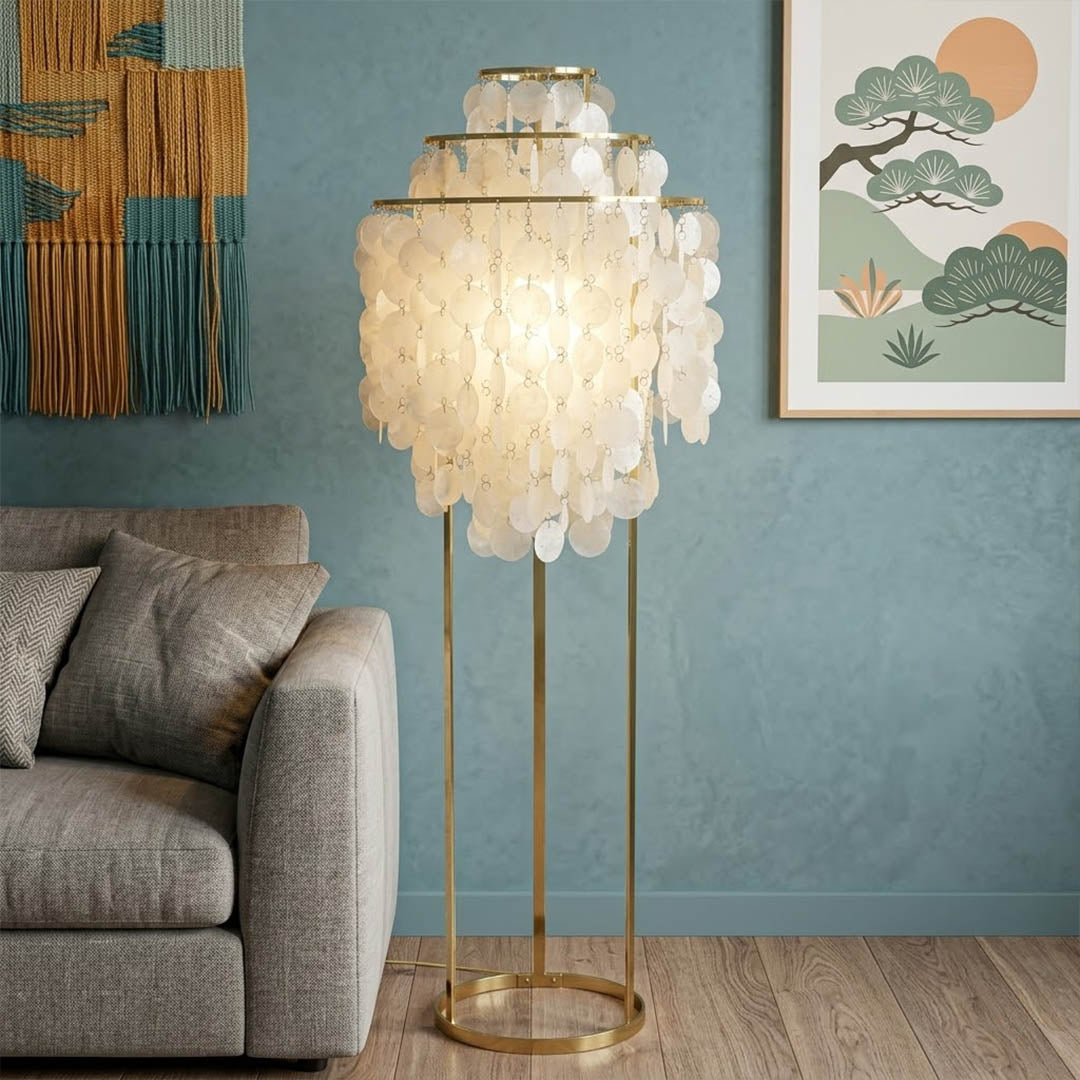 Marina Gold Capiz shell floor lamp sofa side accent placement Coastal modern living room warm pearl glow lifestyle