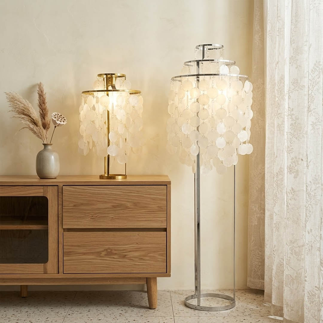 Marina Gold Capiz shell floor lamp beach house living room corner Coastal Hampton white wood interior warm glow natural lifestyle