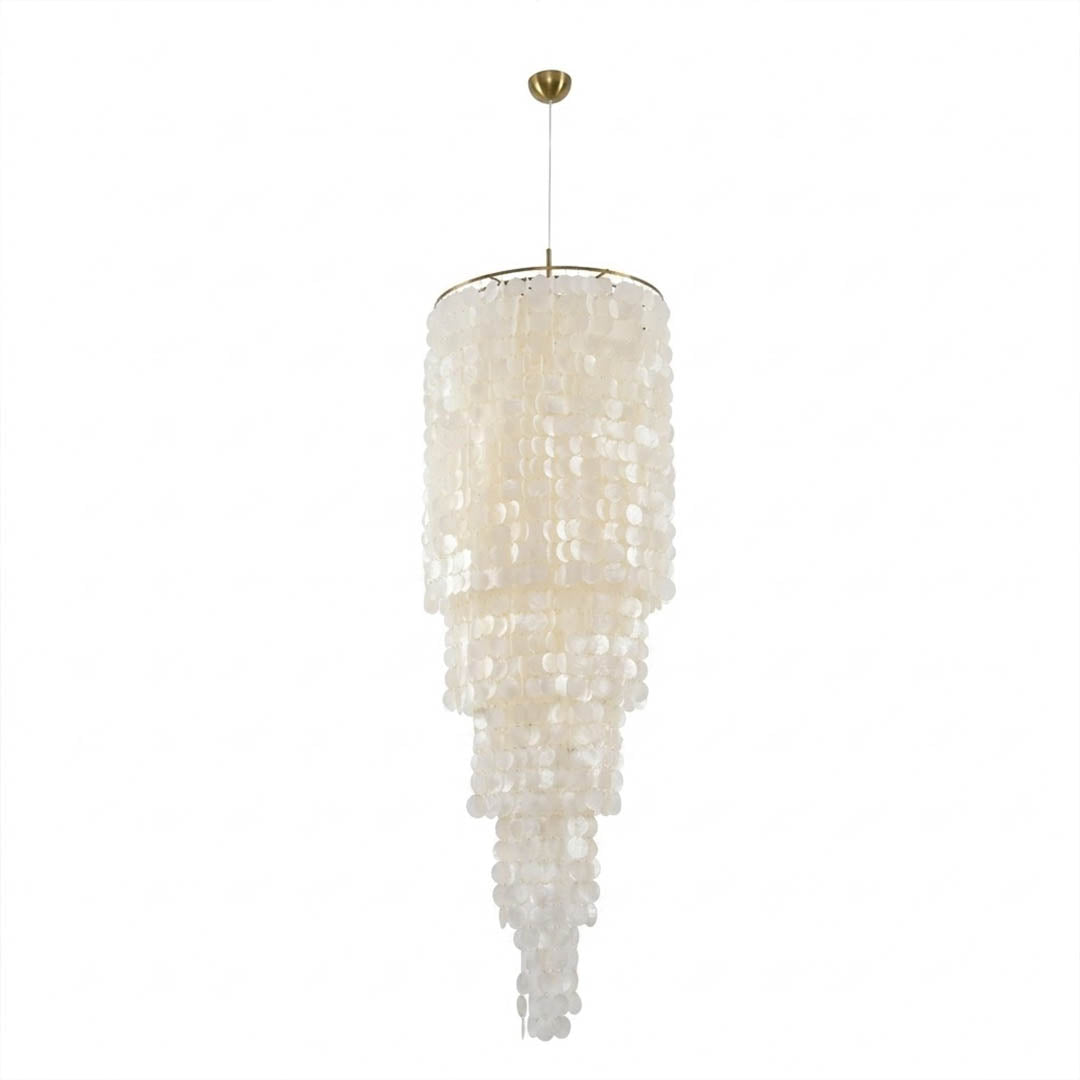 Marisa hat form Capiz shell chandelier small 24 inch 9 light Asian inspired Japandi Wabi-Sabi natural shell disc shade gold ring white background