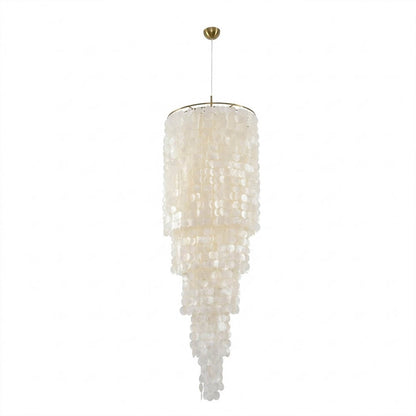 Marisa hat form Capiz shell chandelier small 24 inch 9 light Asian inspired Japandi Wabi-Sabi natural shell disc shade gold ring white background