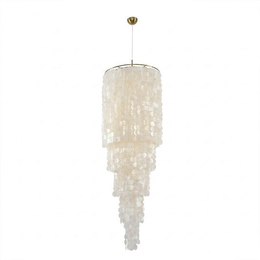 Marisa hat form Capiz shell chandelier small 24 inch 9 light Asian inspired Japandi Wabi-Sabi natural shell disc shade gold ring white background