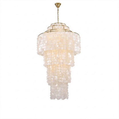 Marisa hat form Capiz shell chandelier medium 35 inch 14 light Asian inspired Japandi natural shell disc shade gold ring white background