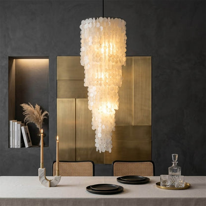 Marisa large hat form Capiz shell chandelier grand dining room 12 seater Japandi Zen Asian inspired minimalist warm glow natural wood lifestyle interior