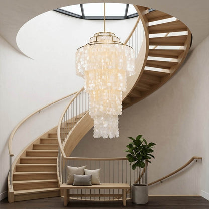 Marisa large hat form Capiz shell chandelier creative studio modern Asian inspired open space statement warm glow natural lifestyle interior