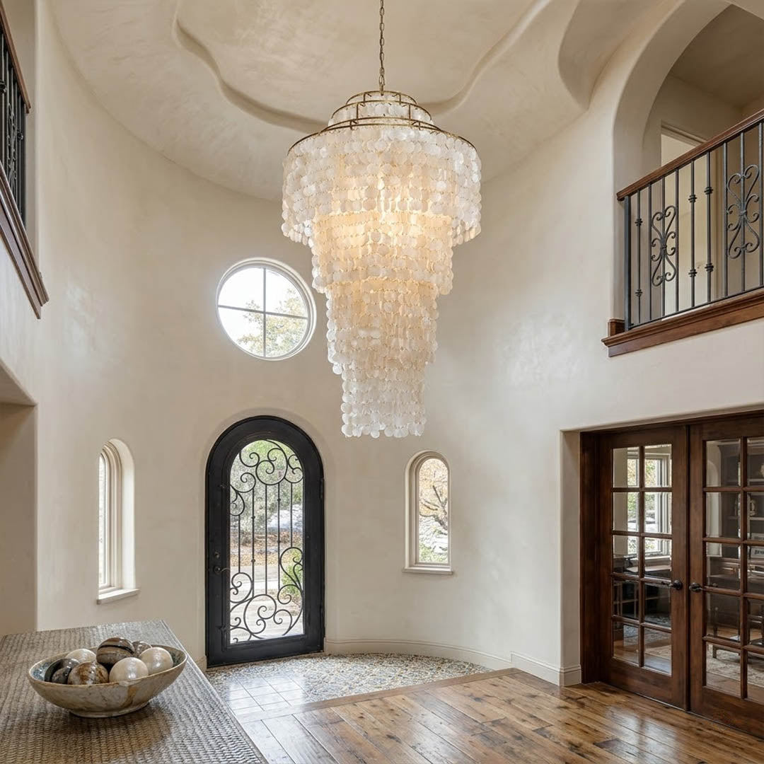 Marisa small hat form Capiz shell chandelier foyer entryway Zen Asian inspired minimalist welcoming warm glow natural lifestyle interior