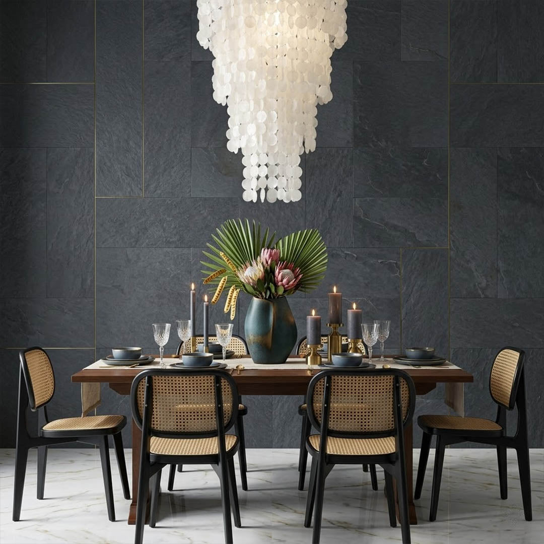 Marisa large hat form Capiz shell chandelier grand dining room 12 seater Japandi Zen Asian inspired minimalist warm glow natural wood lifestyle interior