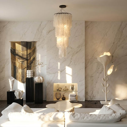 Marisa medium hat form Capiz shell chandelier Japandi living room Wabi-Sabi minimalist natural linen wood warm glow Asian inspired lifestyle interior