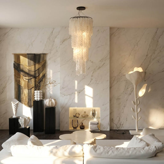 Marisa medium hat form Capiz shell chandelier Japandi living room Wabi-Sabi minimalist natural linen wood warm glow Asian inspired lifestyle interior