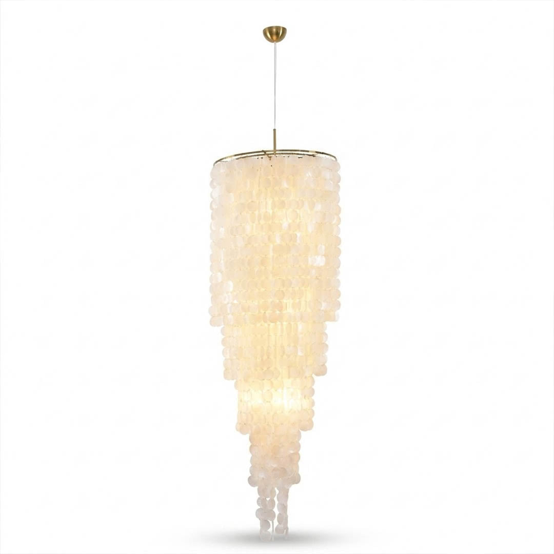 Marisa hat form Capiz shell chandelier small 24 inch 9 light Asian inspired Japandi Wabi-Sabi natural shell disc shade gold ring white background