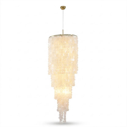 Marisa hat form Capiz shell chandelier small 24 inch 9 light Asian inspired Japandi Wabi-Sabi natural shell disc shade gold ring white background