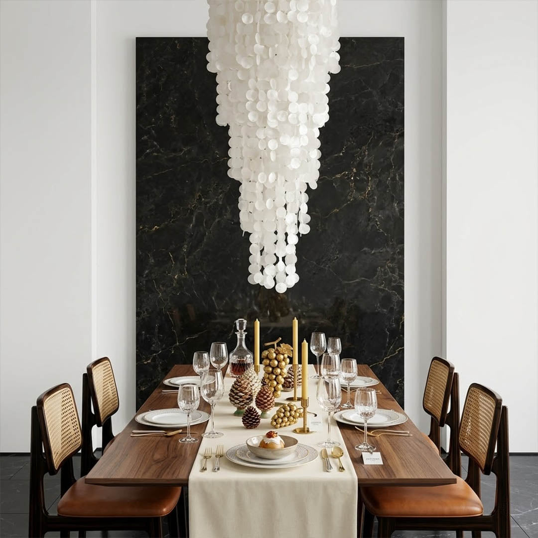 Marisa large hat form Capiz shell chandelier grand dining room 12 seater Japandi Zen Asian inspired minimalist warm glow natural wood lifestyle interior