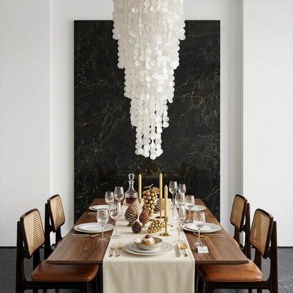 Marisa large hat form Capiz shell chandelier grand dining room 12 seater Japandi Zen Asian inspired minimalist warm glow natural wood lifestyle interior