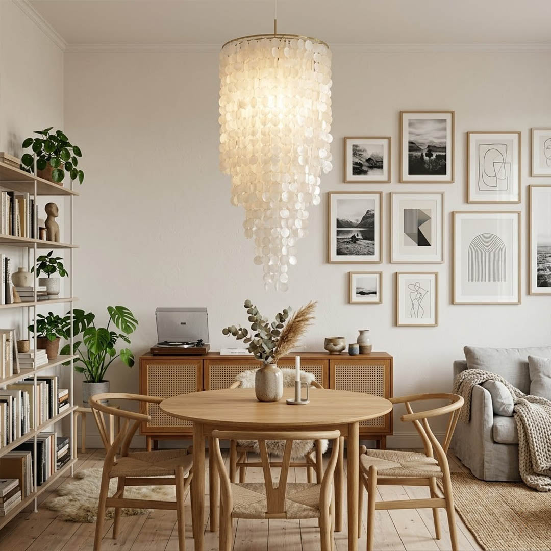 Marisa large hat form Capiz shell chandelier grand dining room 12 seater Japandi Zen Asian inspired minimalist warm glow natural wood lifestyle interior