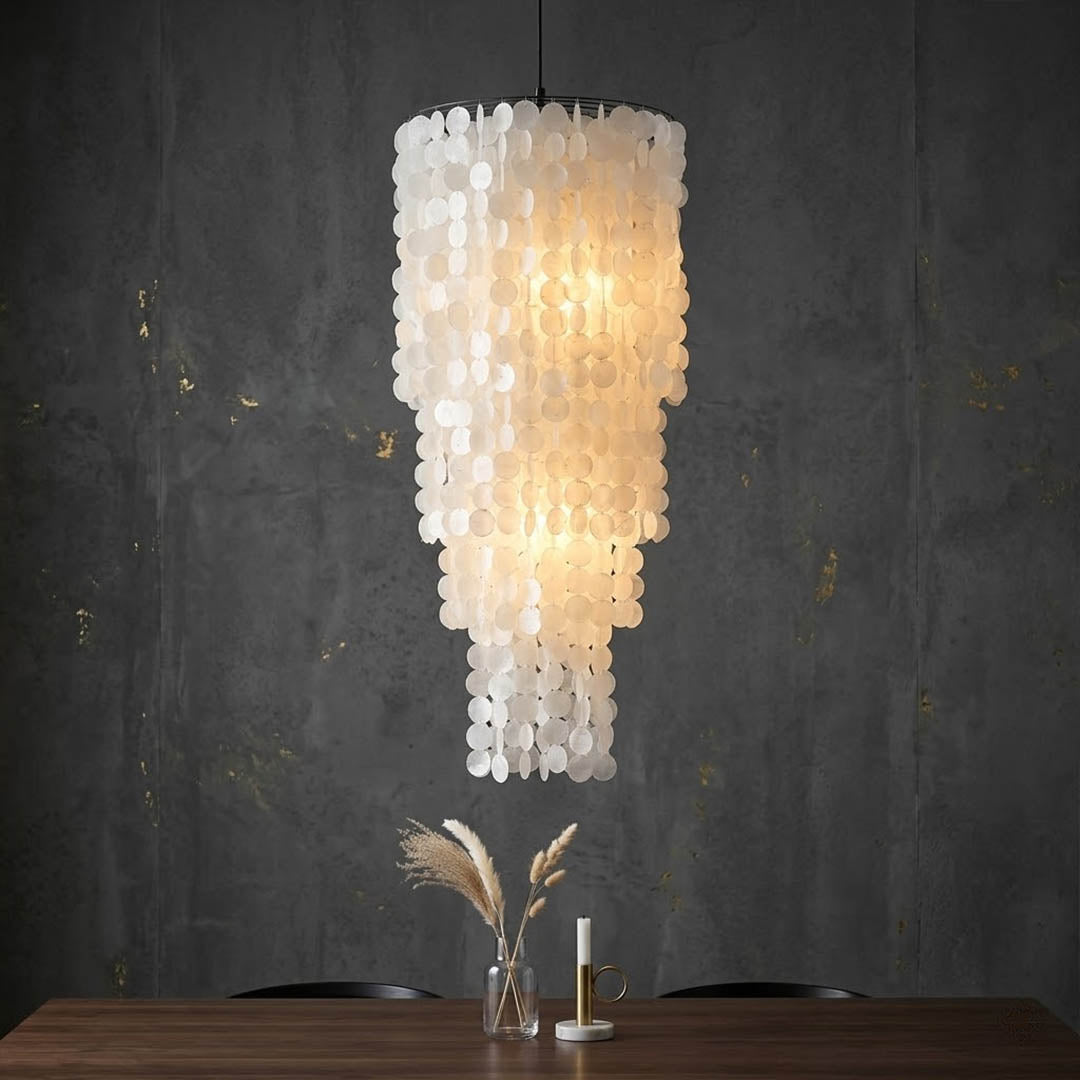 Marisa large hat form Capiz shell chandelier grand dining room 12 seater Japandi Zen Asian inspired minimalist warm glow natural wood lifestyle interior