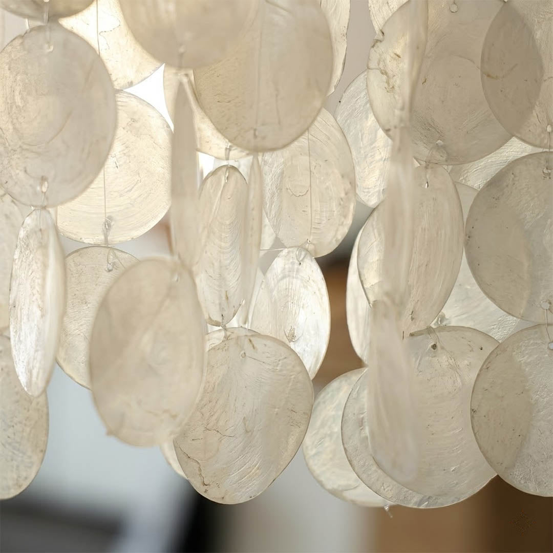 Marisa Capiz shell disc translucent natural pearl iridescent unique pattern close up detail Japandi Wabi-Sabi authentic
