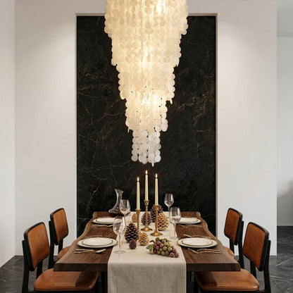 Marisa large hat form Capiz shell chandelier grand dining room 12 seater Japandi Zen Asian inspired minimalist warm glow natural wood lifestyle interior