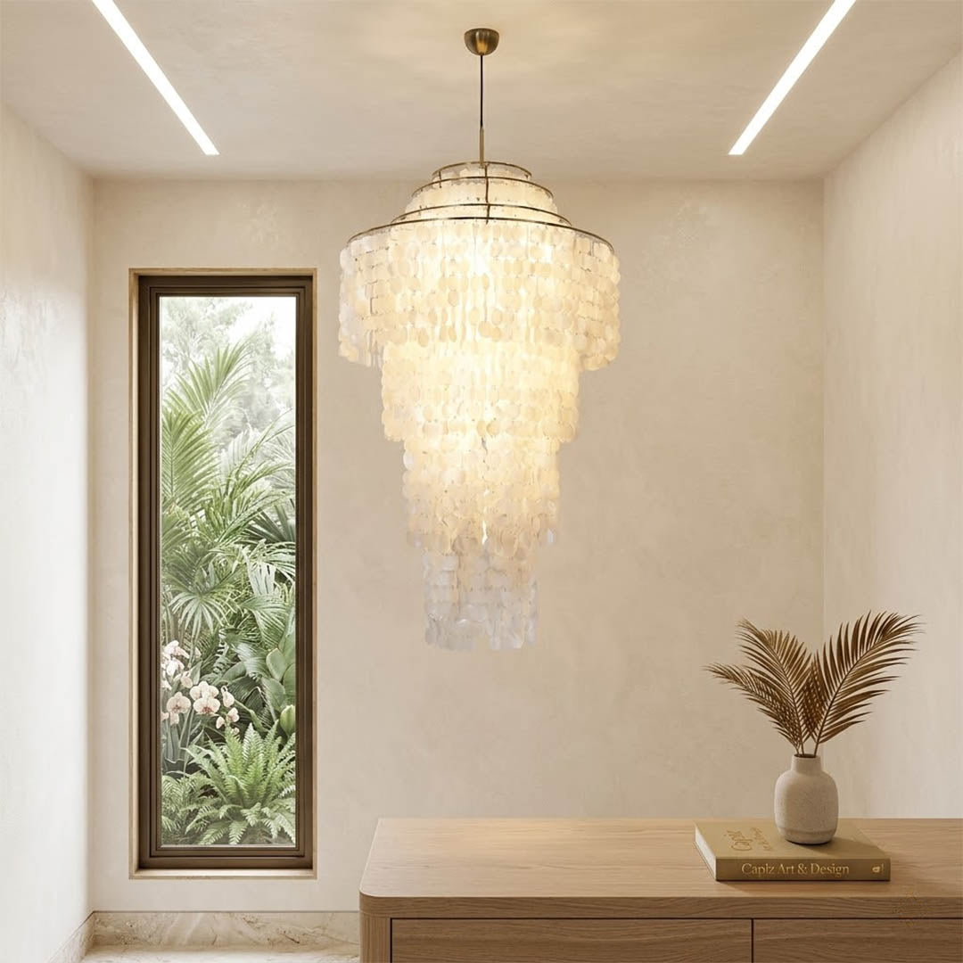 Marisa medium hat form Capiz shell chandelier tea room meditation space Zen Japandi Asian inspired calm warm glow natural lifestyle interior