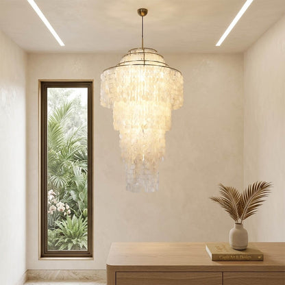 Marisa medium hat form Capiz shell chandelier tea room meditation space Zen Japandi Asian inspired calm warm glow natural lifestyle interior