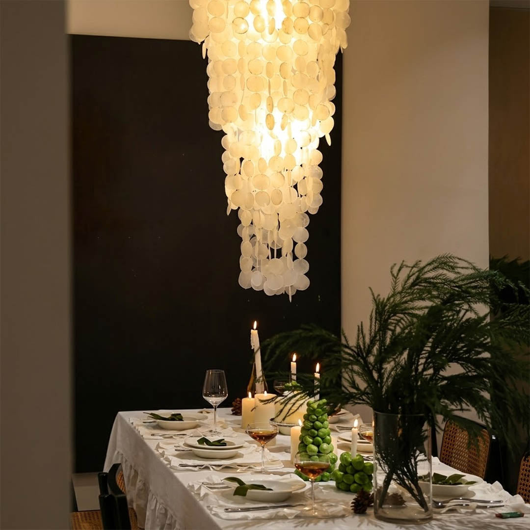 Marisa large hat form Capiz shell chandelier grand dining room 12 seater Japandi Zen Asian inspired minimalist warm glow natural wood lifestyle interior
