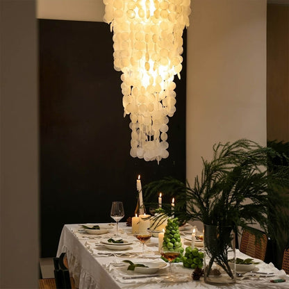 Marisa large hat form Capiz shell chandelier grand dining room 12 seater Japandi Zen Asian inspired minimalist warm glow natural wood lifestyle interior