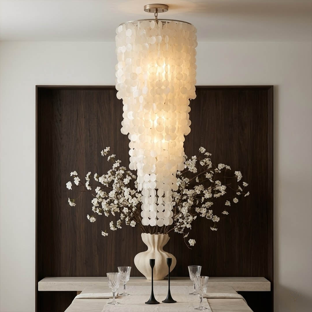 Marisa large hat form Capiz shell chandelier grand dining room 12 seater Japandi Zen Asian inspired minimalist warm glow natural wood lifestyle interior