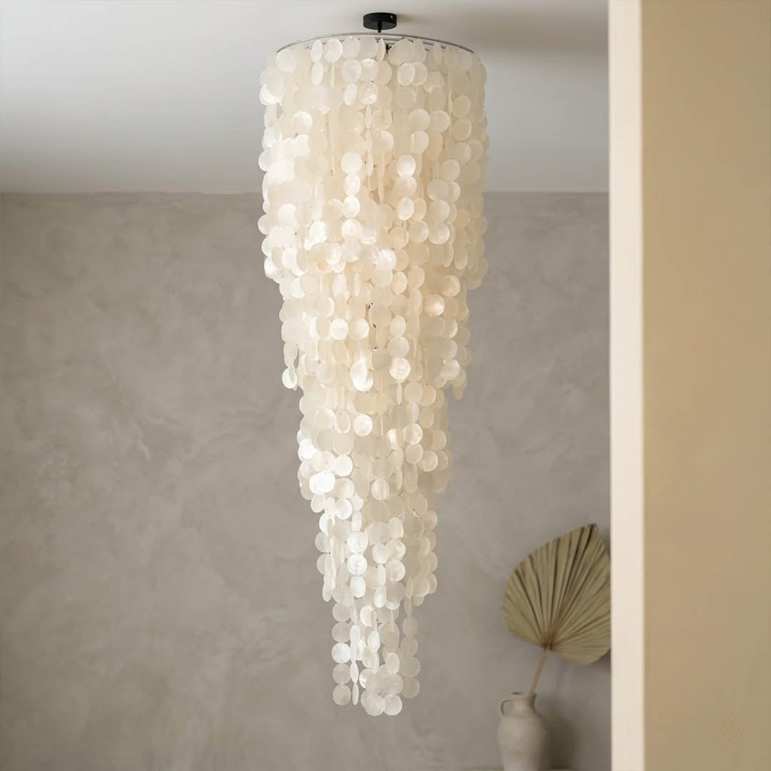 Marisa large hat form Capiz shell chandelier grand dining room 12 seater Japandi Zen Asian inspired minimalist warm glow natural wood lifestyle interior