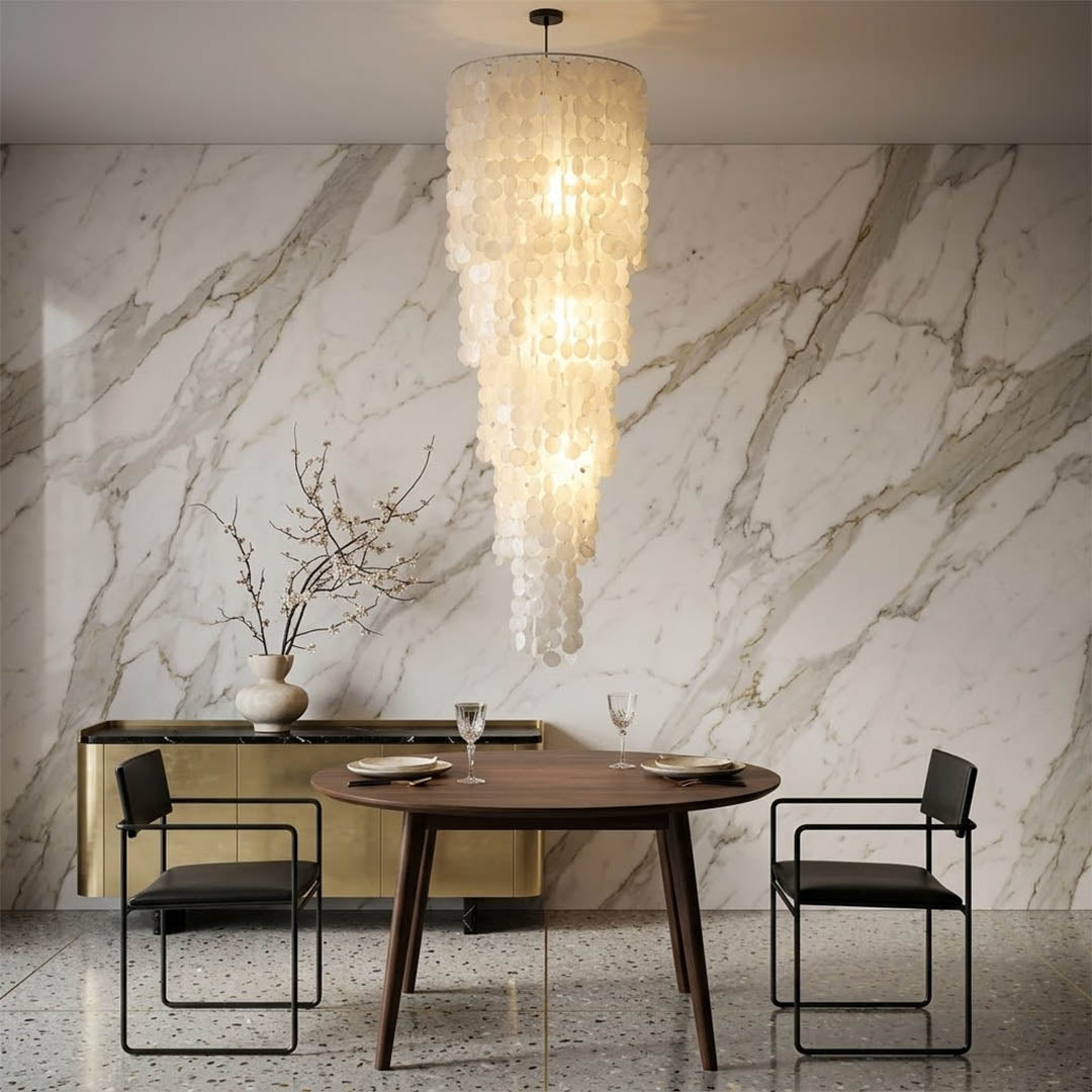 Marisa large hat form Capiz shell chandelier grand dining room 12 seater Japandi Zen Asian inspired minimalist warm glow natural wood lifestyle interior
