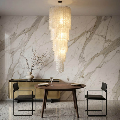 Marisa large hat form Capiz shell chandelier grand dining room 12 seater Japandi Zen Asian inspired minimalist warm glow natural wood lifestyle interior