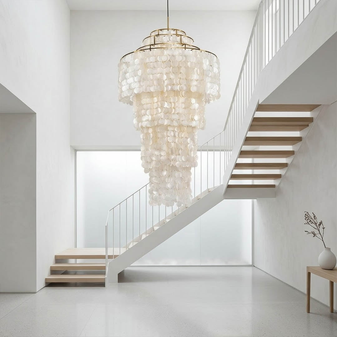 Marisa small hat form Capiz shell chandelier foyer entryway Zen Asian inspired minimalist welcoming warm glow natural lifestyle interior