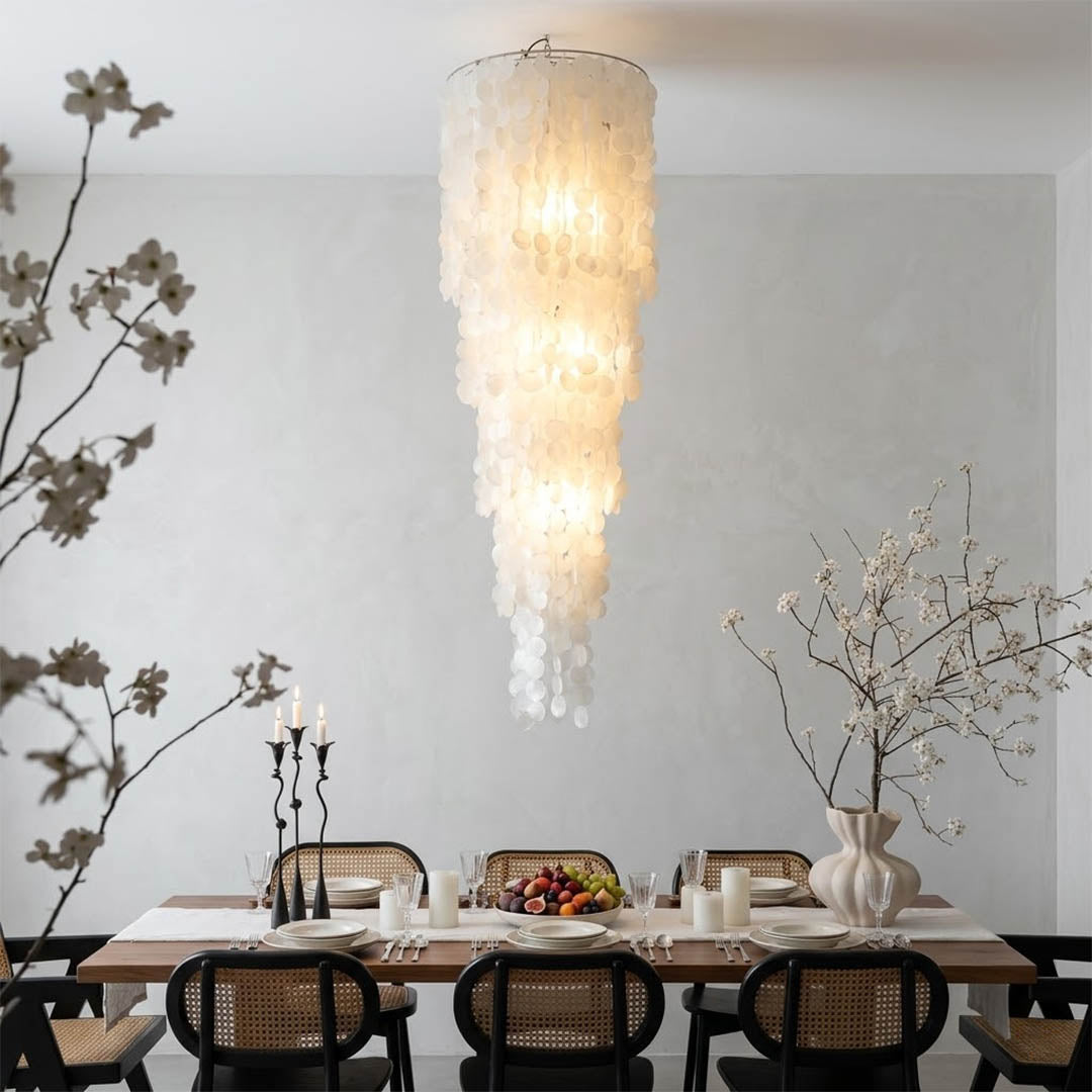 Marisa large hat form Capiz shell chandelier grand dining room 12 seater Japandi Zen Asian inspired minimalist warm glow natural wood lifestyle interior