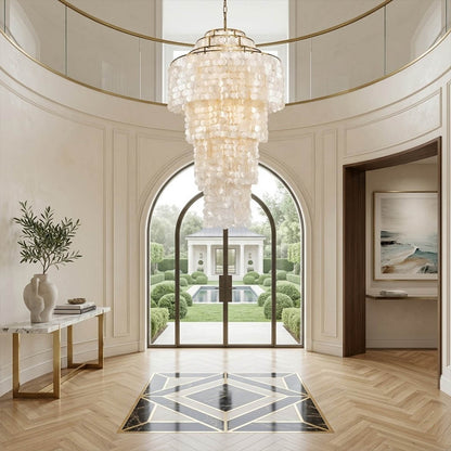 Marisa small hat form Capiz shell chandelier foyer entryway Zen Asian inspired minimalist welcoming warm glow natural lifestyle interior