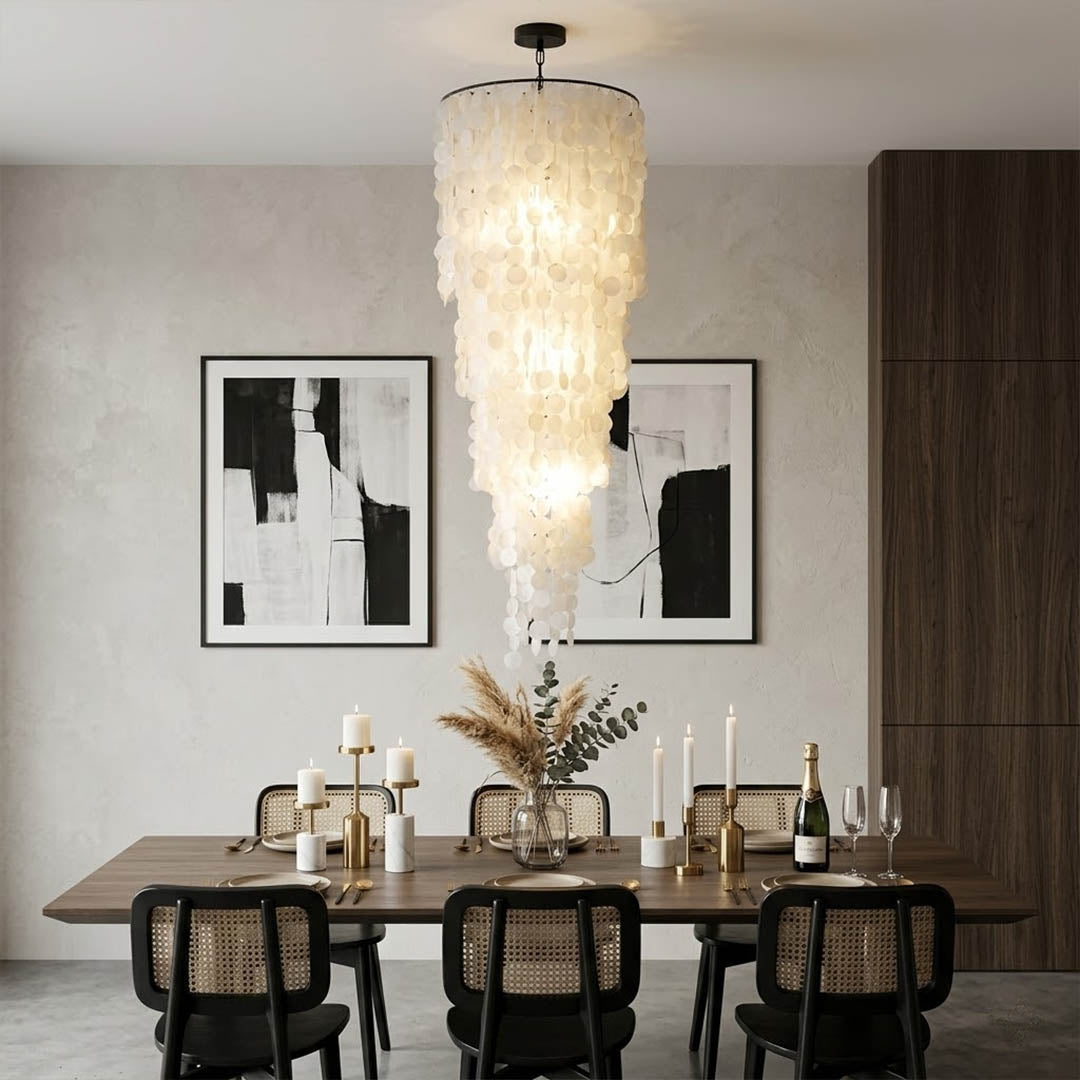 Marisa large hat form Capiz shell chandelier grand dining room 12 seater Japandi Zen Asian inspired minimalist warm glow natural wood lifestyle interior