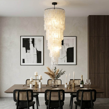 Marisa large hat form Capiz shell chandelier grand dining room 12 seater Japandi Zen Asian inspired minimalist warm glow natural wood lifestyle interior