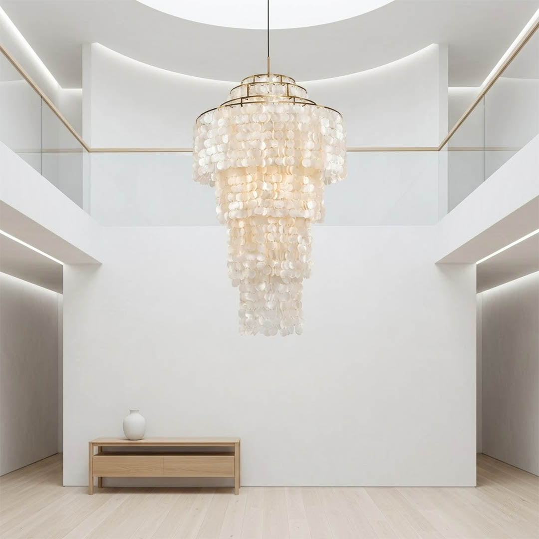 Marisa large hat form Capiz shell chandelier creative studio modern Asian inspired open space statement warm glow natural lifestyle interior