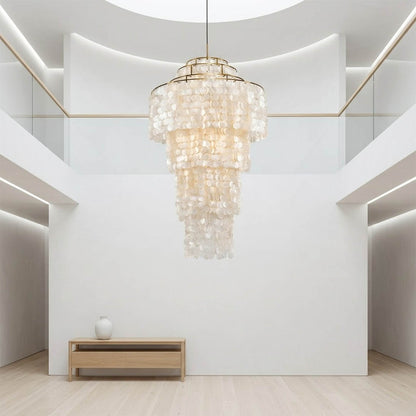 Marisa large hat form Capiz shell chandelier creative studio modern Asian inspired open space statement warm glow natural lifestyle interior