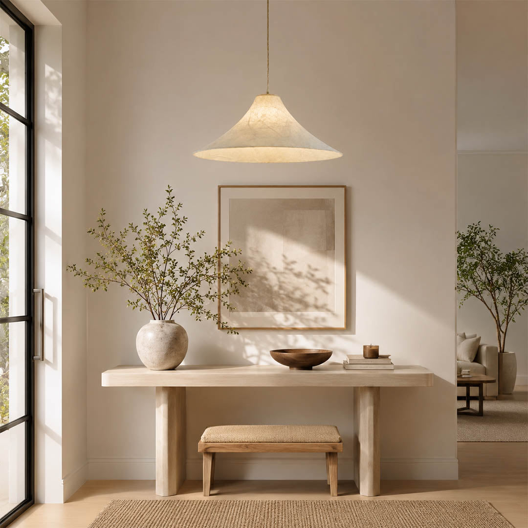 Marlow small 17.7 inch silk disc pendant modern foyer entryway welcoming warm ambient Japandi minimalist lifestyle interior