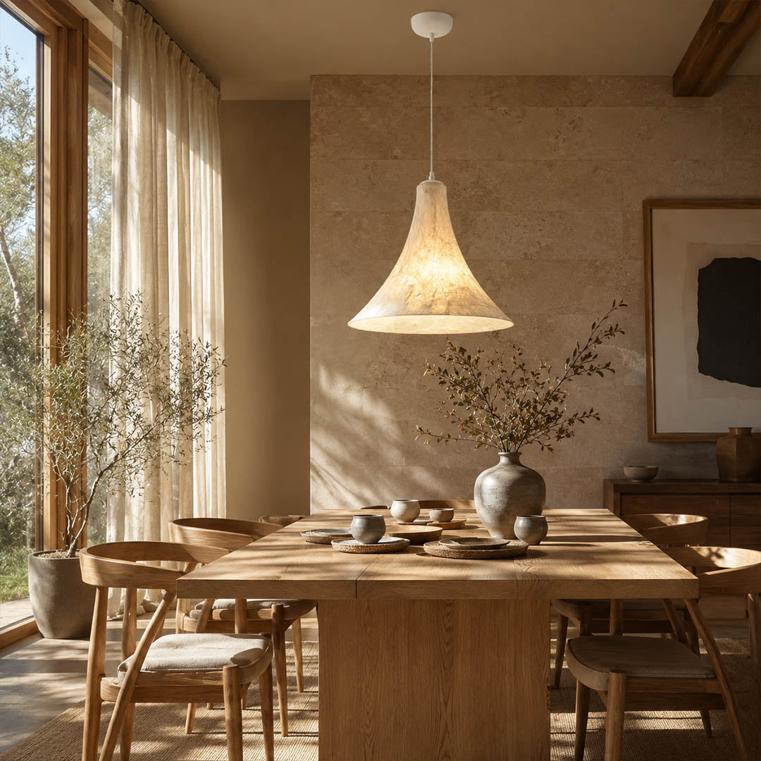 Marlow large 35.4 inch silk disc pendant modern dining room 8-seat table walnut oak warm evening ambient serene minimalist Japandi lifestyle interior