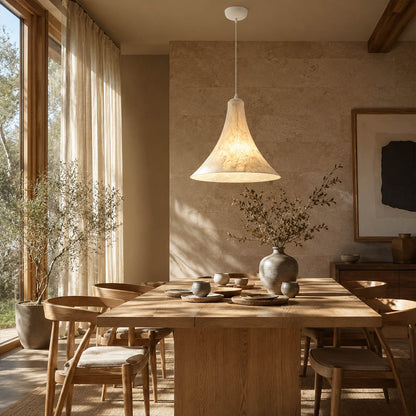 Marlow large 35.4 inch silk disc pendant modern dining room 8-seat table walnut oak warm evening ambient serene minimalist Japandi lifestyle interior