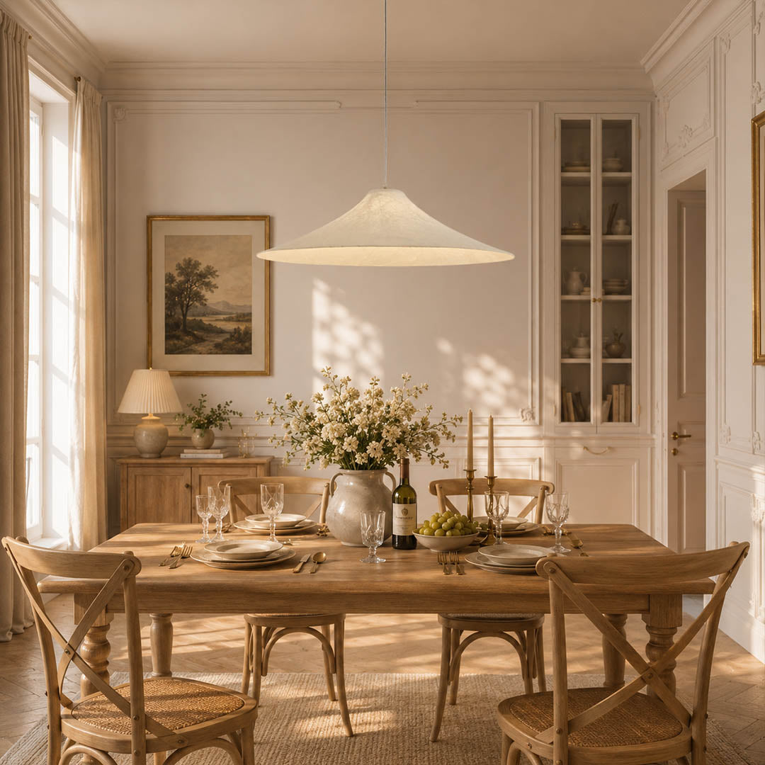 Marlow large 35.4 inch silk disc pendant modern dining room 8-seat table walnut oak warm evening ambient serene minimalist Japandi lifestyle interior