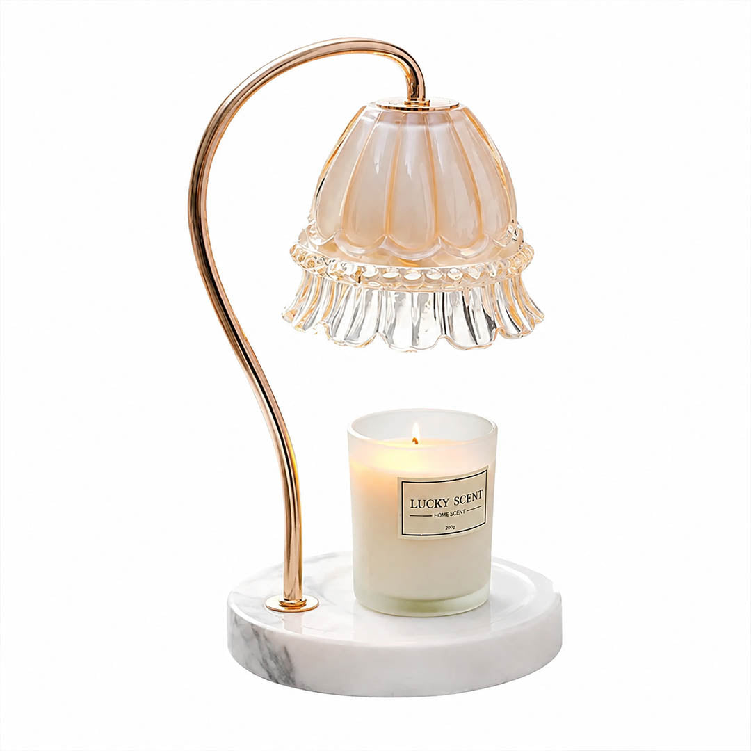 Marlowe marble candle warmer lamp white marble gold curved stem opaque glass shade scent warmer white background front view
