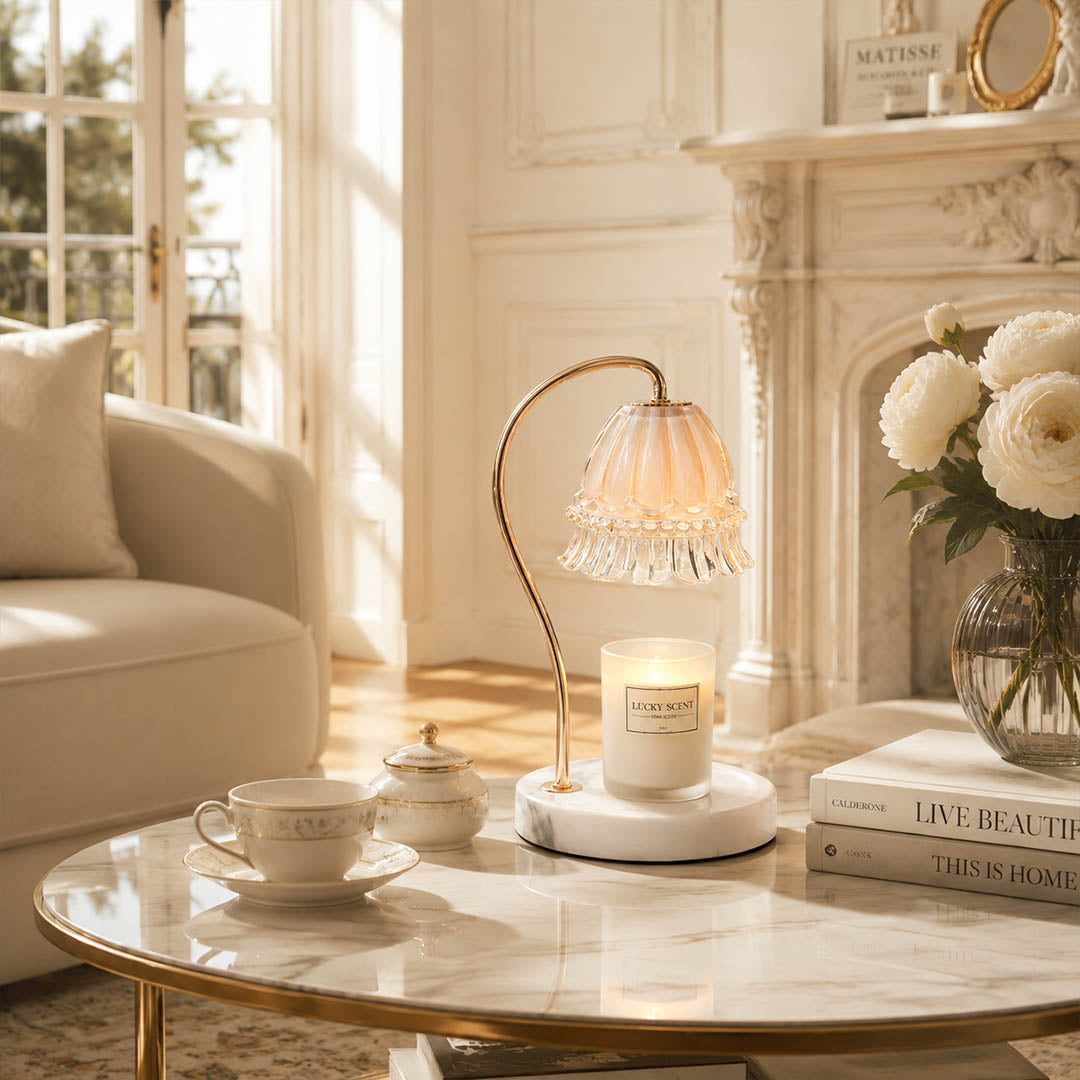 Marlowe marble candle warmer lamp living room side table scent warming warm glow marble gold elegant American home lifestyle interior styled