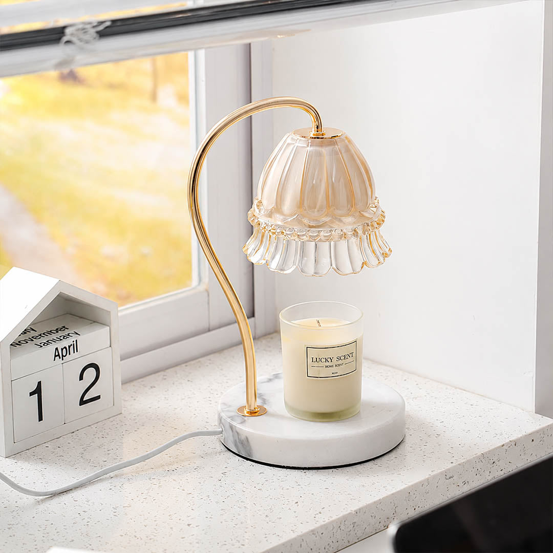 Marlowe marble candle warmer lamp vanity dresser scent warming warm glow marble gold elegant American home lifestyle interior styled