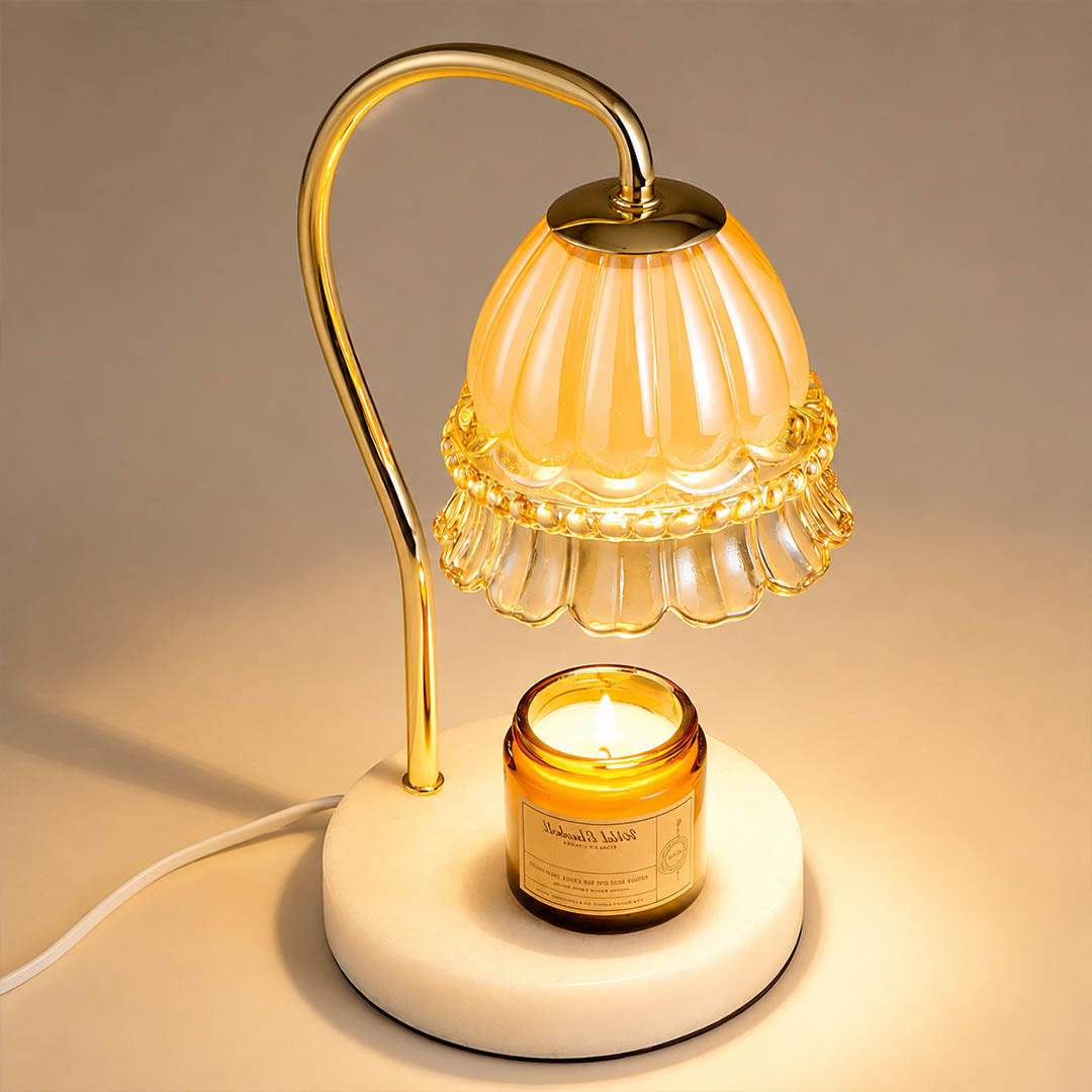 Marlowe marble candle warmer lamp melting candle wax from above halogen warmth scent diffusion flame free detail close up