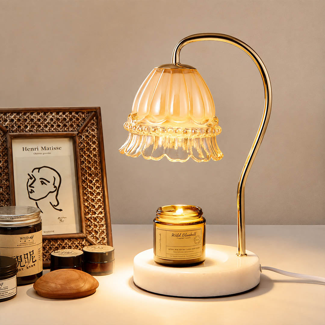 Marlowe marble candle warmer lamp study desk office scent warming warm glow marble gold relaxing American home lifestyle interior