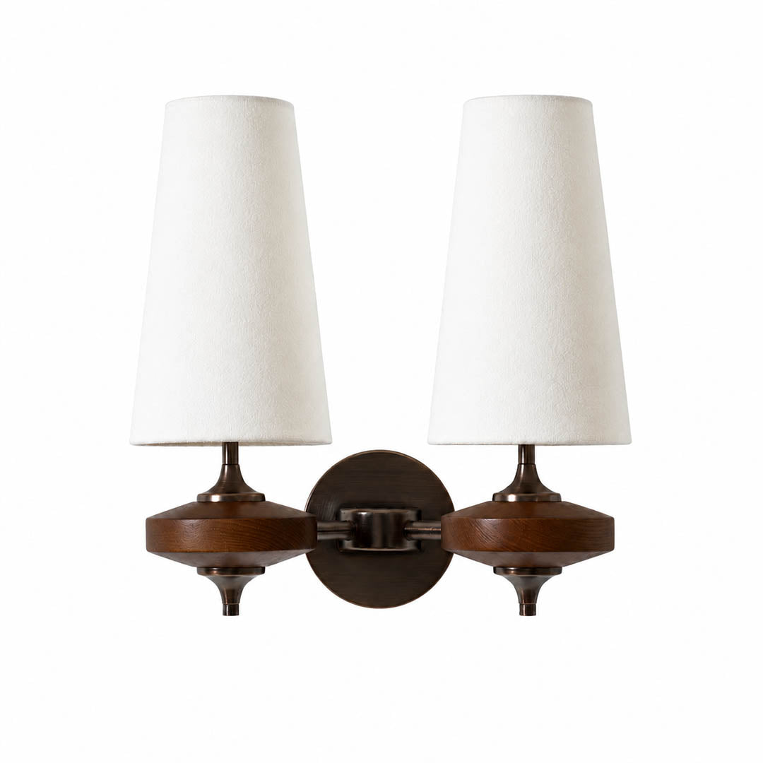 Marnie twin shade wall sconce white fabric bronze walnut wood mid-century two tapered shades symmetrical white background front view