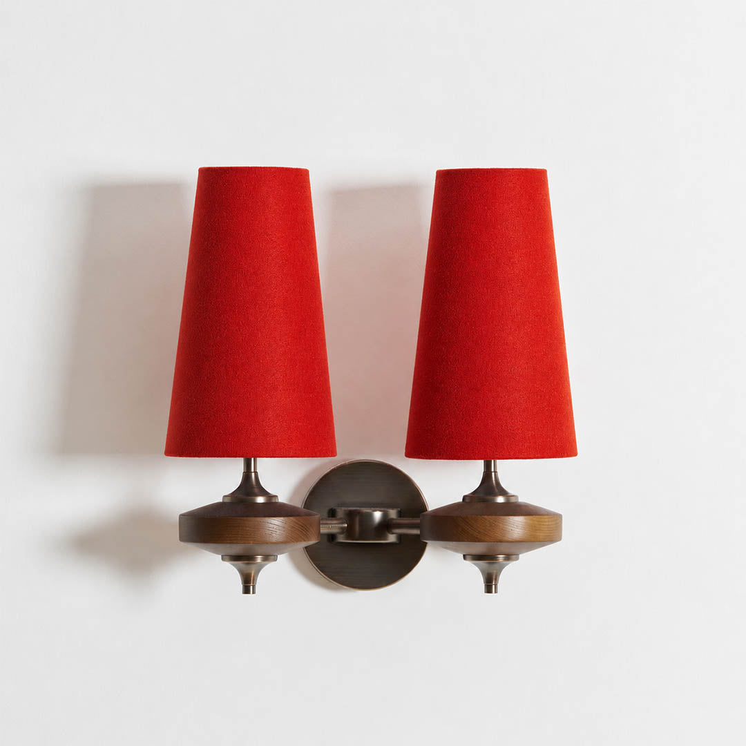Marnie twin shade wall sconce red fabric bronze walnut wood mid-century two shades bold accent white background front view