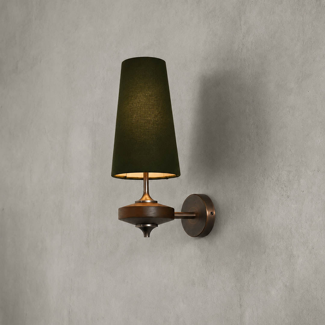 Marnie wall sconce tapered fabric shade close up texture diffused soft light detail mid-century form