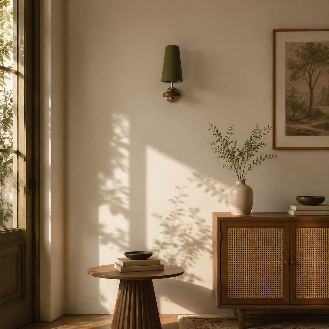 Marnie twin shade wall sconce entryway foyer illuminated warm glow mid-century bronze walnut welcoming American home lifestyle interior