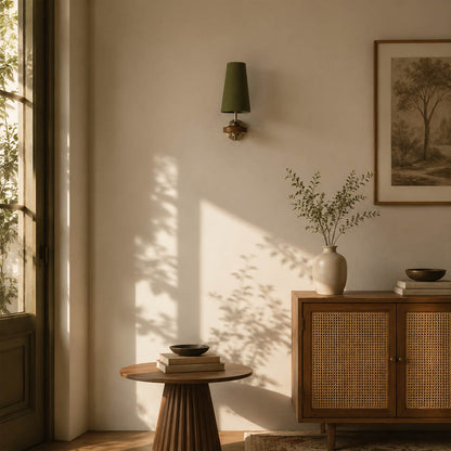 Marnie twin shade wall sconce entryway foyer illuminated warm glow mid-century bronze walnut welcoming American home lifestyle interior